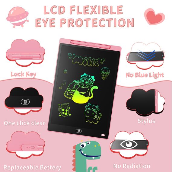 [2 STÜCKE] LCD Schreibtafel 12 Zoll, Genialba Buntes LCD Schreibtablett, LCD Writing Tablet, Elektronischer Tablette, Grafiktablett für Kinderspiele 2 3 4 5 6 7 Jahre Jungen Mädchen (Schwarz&Rosa)