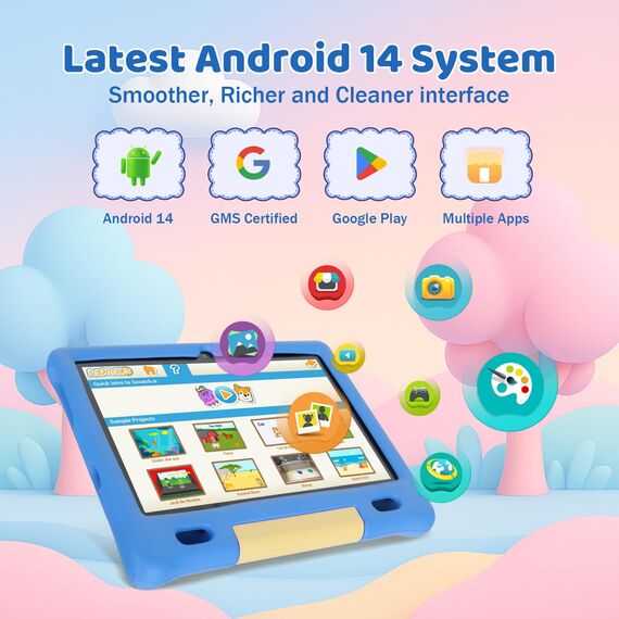Ainmel Kinder Tablet 10 Zoll Octa-Core Android 14 Tablet für Kinder, 16GB+128GB (1TB TF), Kindersicherung, WiFi 6/Bluetooth 5.3, Widevine L1 mit Kindersicheres Gehäuse -Blau