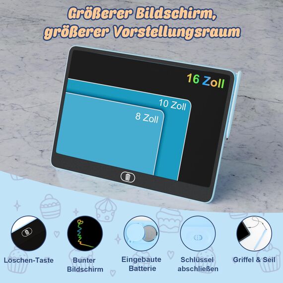 Bunte LCD Schreibtafel, 16 Zoll Große Zeichentafel Elektronischer Drawing Pad mit Sperr-& Löschfunktion, Augenschutz-Kritzelblock, Spielzeug & Geschenke für Kinder & Erwachsene zu Hause, Schule -Blau
