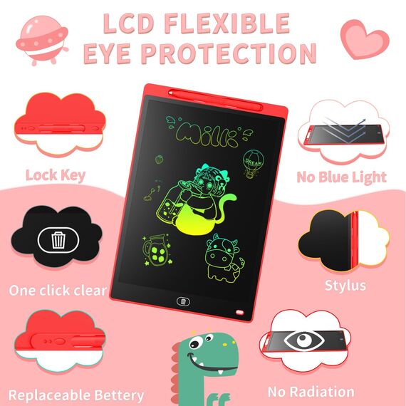 LCD Schreibtafel 10 Zoll, Genialba Buntes LCD Schreibtablett, Geschenk für Kinder, LCD Writing Tablet, Elektronischer Tablette, Grafiktablett für Kinderspiele 2 3 4 5 6 7 Jahre Jungen Mädchen (Rot)