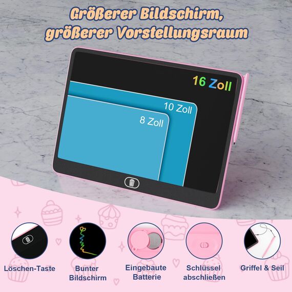 16 Zoll Bunte LCD Schreibtafel, Große Zeichentafel Elektronischer Tablette mit Sperr-& Löschfunktion, Augenschutz-Kritzelblock, Spielzeug & Geschenke für Kinder & Erwachsene zu Hause, Schule - Rosa