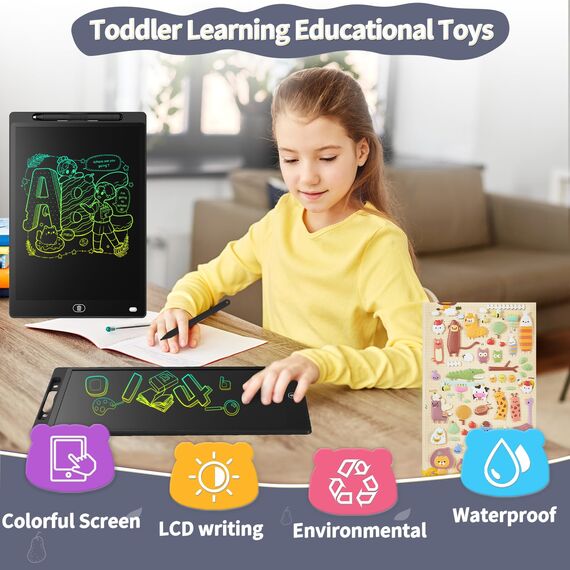 [2 STÜCKE] LCD Schreibtafel 12 Zoll, Genialba Buntes LCD Schreibtablett, LCD Writing Tablet, Elektronischer Tablette, Grafiktablett für Kinderspiele 2 3 4 5 6 7 Jahre Jungen Mädchen (Schwarz&Rosa)