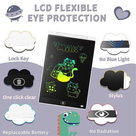 [2 STÜCKE] LCD Schreibtafel 10 Zoll, Genialba Buntes LCD Schreibtablett, LCD Writing Tablet, Elektronischer Tablette, Grafiktablett für Kinderspiele 2 3 4 5 6 7 Jahre Jungen Mädchen (Weiß&Schwarz)