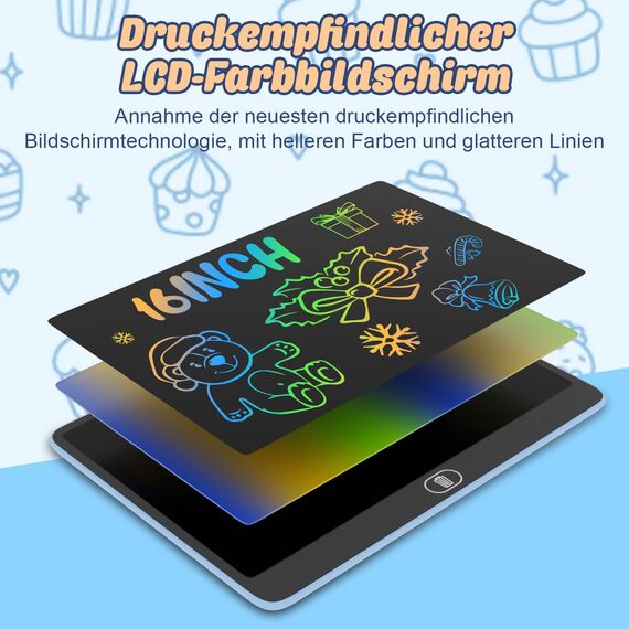 Bunte LCD Schreibtafel, 16 Zoll Große Zeichentafel Elektronischer Drawing Pad mit Sperr-& Löschfunktion, Augenschutz-Kritzelblock, Spielzeug & Geschenke für Kinder & Erwachsene zu Hause, Schule -Blau