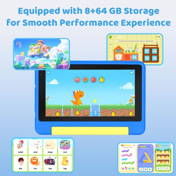 Ainmel Kinder Tablet 7 Zoll, Android Tablet für Kinder, 8GB RAM + 64GB ROM + 128GB erweiterbar, Dual-Kamera, Wi-Fi & Bluetooth, Type-C, Kids Tablet mit stoßfester Schutzhülle, Blau