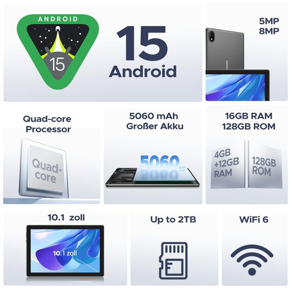 DOOGEE U10 2025 Neueste Android 15 Tablet 10 Zoll, 16GB RAM+128GB ROM (2TB TF) Kinder Tablets PC 5060mAh Gaming Tablet Android, Widevine L1/ 8MP+5MP Dual Kamera/WiFi 6/ Type C/ 3.5mm Kopfhörerbuchse