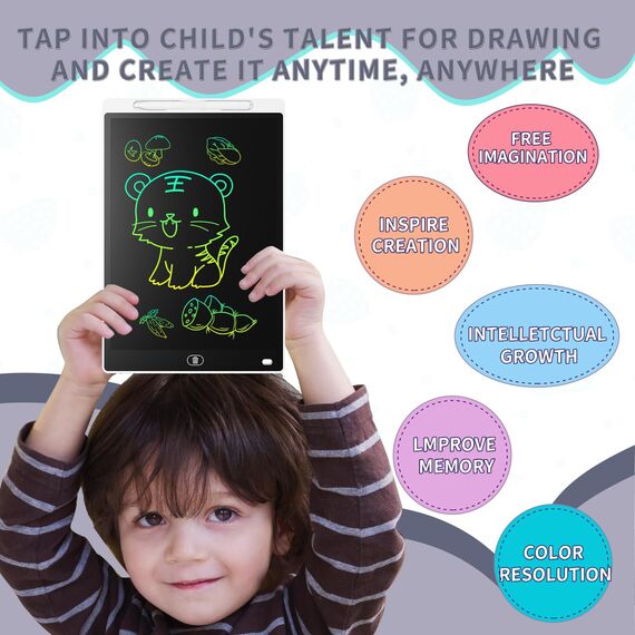 LCD Schreibtafel 10 Zoll, Genialba Buntes LCD Schreibtablett, Geschenk für Kinder, LCD Writing Tablet, Elektronischer Tablette, Grafiktablett für Kinderspiele 2 3 4 5 6 7 Jahre Jungen Mädchen (Weiß)