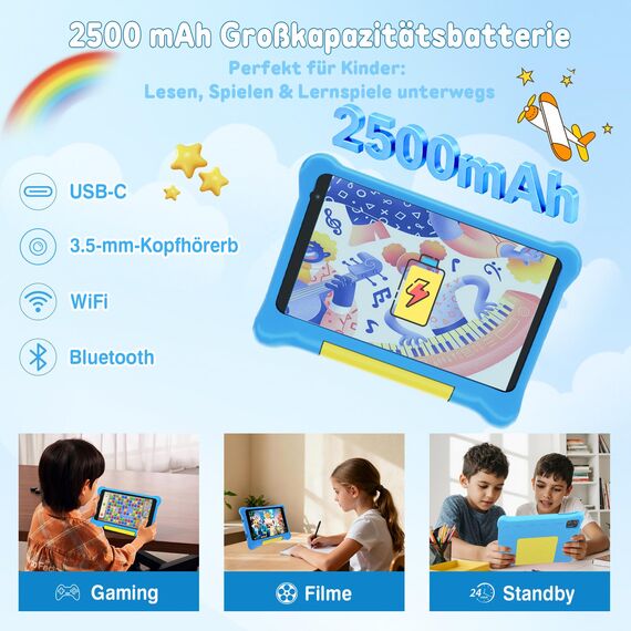 Yicty Kinder Tablet 7 Zoll Android Tablet für Kids 5GB RAM 32GB ROM Kindersicherung IPS HD Bluetooth WiFi Quad Core Dual-Kameras Children's Tablets PC mit Schutzhülle (Blue)