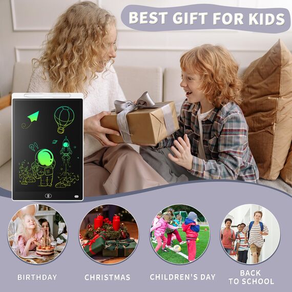 LCD Schreibtafel 10 Zoll, Genialba Buntes LCD Schreibtablett, Geschenk für Kinder, LCD Writing Tablet, Elektronischer Tablette, Grafiktablett für Kinderspiele 2 3 4 5 6 7 Jahre Jungen Mädchen (Weiß)