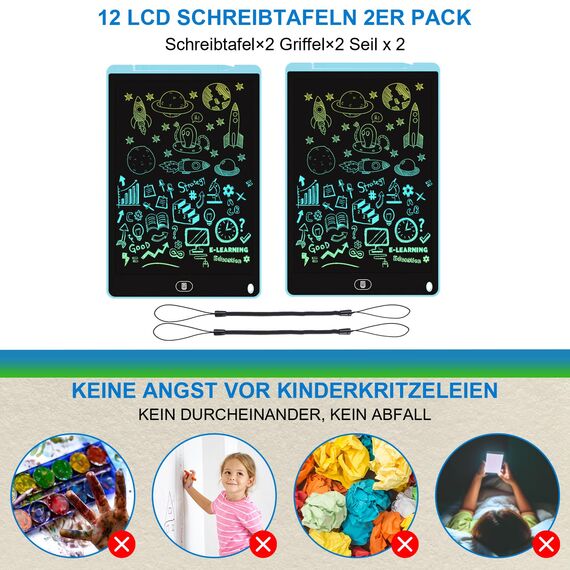 2 Pack LCD Schreibtafel Bunte, 12 Zoll Zeichentafel LCD Writing Tablet mit Sperr-& Löschfunktion, Augenschutz-Kritzelblock, Spielzeug & Geschenke für Kinder 3-12 Jahre zu Hause, Schule - Blau
