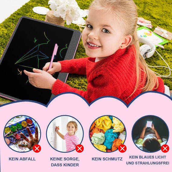 16 Zoll Bunte LCD Schreibtafel, Große Zeichentafel Elektronischer Tablette mit Sperr-& Löschfunktion, Augenschutz-Kritzelblock, Spielzeug & Geschenke für Kinder & Erwachsene zu Hause, Schule - Rosa