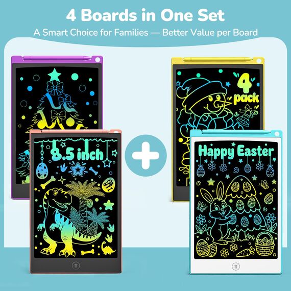 TECJOE LCD Schreibtafel 4 Pack, 8.5 Zoll Tablet für Kinder und Erwachsene, Löschbarer, Wiederverwendbarer Schreib-Zeichenblock, mit Abschließbar Löschen-Taste (Blau+Rosa+Gelb+Lila), H10A