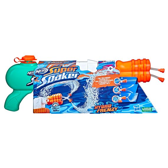 Nerf Super Soaker Hydro Frenzy Water Blaster, Wild 3-In-1 Soaking Fun, Adjustable Nozzle, 2 Water-Launching Tubes