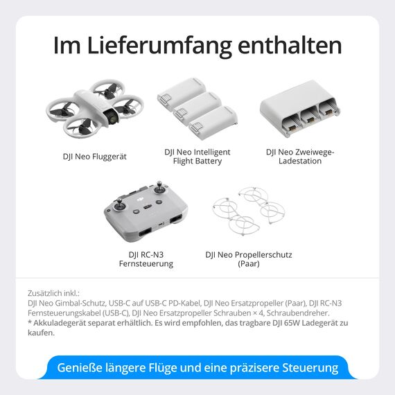 DJI Neo Fly More Combo – Mini Drohne mit Kamera 4K UHD Für Kinder, 135g, Follow-Me, Handstart, Motivverfolgung, QuickShots, Integrierter Propellerschutz, C0, mit RC-N3 und 3 Akkus