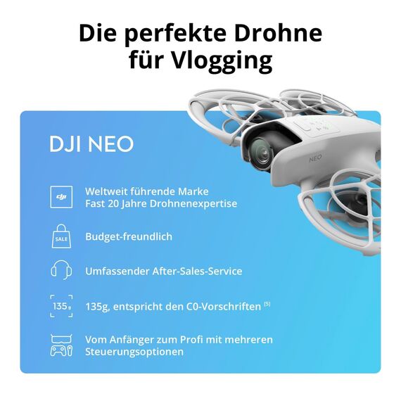 DJI Neo Combo mit 3 Akkus, Minidrohne mit 4K UHD-Kamera für Erwachsene, 135g selbstfliegende Drohne die dir folgt, Handstart, Motivverfolgung, QuickShots, stabilisiertes Video (Controllerfrei)
