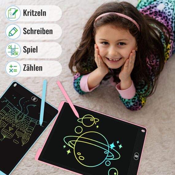 Bunte LCD Schreibtafel, 2 Pack 12 Zoll Schreibtablett für Kinder und Erwachsene, Löschbares Wiederverwendbar Zaubertafel Tragbares Augenschutz Zeichentafel für Reise, Hause, Schule - Blau Rosa