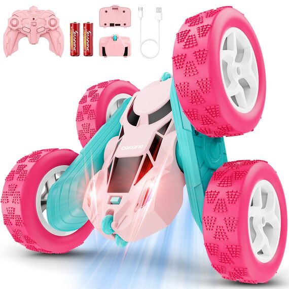 cosone Rosa Ferngesteuertes Auto für Mädchen RC Stunt-Car mit LED-Scheinwerfern 4WD 2.4GHz 360° Flip Crawler mit 2 Modulare Akkus Spielzeugauto für Kinder 6–12 Jahre