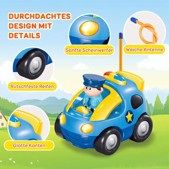 Pup Go Fernbedienung Cartoon Polizeiauto für Kinder 1 2 3 Jahre, Ferngesteuertes Auto Spielzeug mit Musik und Licht, Radio Control Rennwagen Kinderspielzeug, Ideal RC Auto Geschenk für Junge