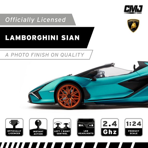 CMJ RC CARS 1:24 Maßstab Offiziell Lizenzierte RC Lamborghini Sián FKP 37, Blaues Lambo Sport Rennspielzeugauto Modellfahrzeug für Jungen Mädchen und Erwachsene Geschenk