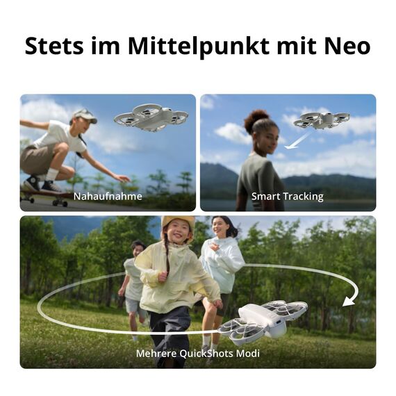 DJI Neo Combo mit 3 Akkus, Minidrohne mit 4K UHD-Kamera für Erwachsene, 135g selbstfliegende Drohne die dir folgt, Handstart, Motivverfolgung, QuickShots, stabilisiertes Video (Controllerfrei)