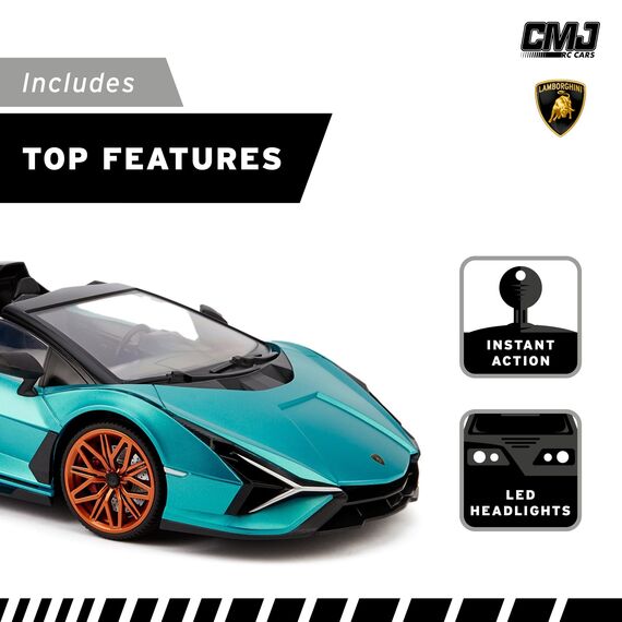 CMJ RC CARS 1:24 Maßstab Offiziell Lizenzierte RC Lamborghini Sián FKP 37, Blaues Lambo Sport Rennspielzeugauto Modellfahrzeug für Jungen Mädchen und Erwachsene Geschenk