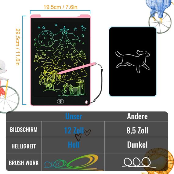 Electight LCD Schreibtafel 12 Zoll, 4 Stück Bunte Zaubertafel, Mal Tablet mit Löschfunktion, Elektronisch Tragbar Maltablett für Reisespielzeug als Geschenk für Kinder ab 3 Jahren