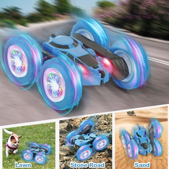MidiVix Ferngesteuertes Auto, 90 Min Spielzeit, 2.4Ghz Doppelseitig 360° drehbarer RC Crawler mit Scheinwerfern Radlichtern, 4WD Off Road Drift RC Auto Spielzeug Geschenke für Jungen 6-12 Blau