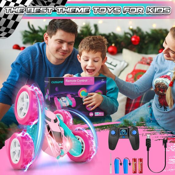 cosone Ferngesteuertes Auto für Mädchen, Allrad Offroad Stunt RC-Auto mit Scheinwerfern, Doppelseitiges 360° Drehbares Spielzeug, Geschenke für Kinder ab 6 Jahren (Rosa)
