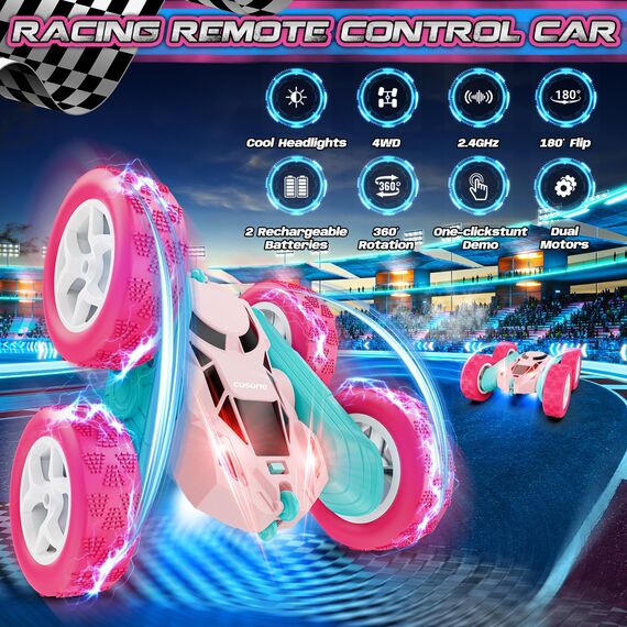 cosone Rosa Ferngesteuertes Auto für Mädchen RC Stunt-Car mit LED-Scheinwerfern 4WD 2.4GHz 360° Flip Crawler mit 2 Modulare Akkus Spielzeugauto für Kinder 6–12 Jahre