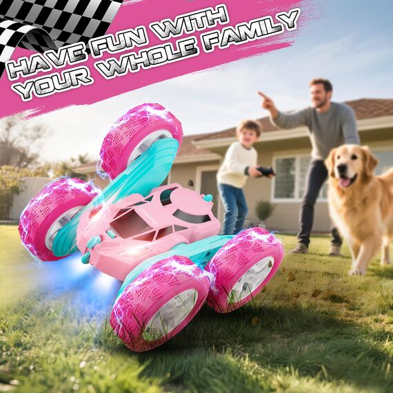 cosone Ferngesteuertes Auto für Mädchen, Allrad Offroad Stunt RC-Auto mit Scheinwerfern, Doppelseitiges 360° Drehbares Spielzeug, Geschenke für Kinder ab 6 Jahren (Rosa)