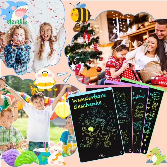 Electight LCD Schreibtafel 12 Zoll, 4 Stück Bunte Zaubertafel, Mal Tablet mit Löschfunktion, Elektronisch Tragbar Maltablett für Reisespielzeug als Geschenk für Kinder ab 3 Jahren