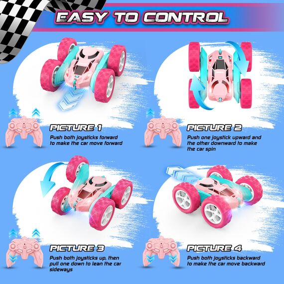 cosone Rosa Ferngesteuertes Auto für Mädchen RC Stunt-Car mit LED-Scheinwerfern 4WD 2.4GHz 360° Flip Crawler mit 2 Modulare Akkus Spielzeugauto für Kinder 6–12 Jahre
