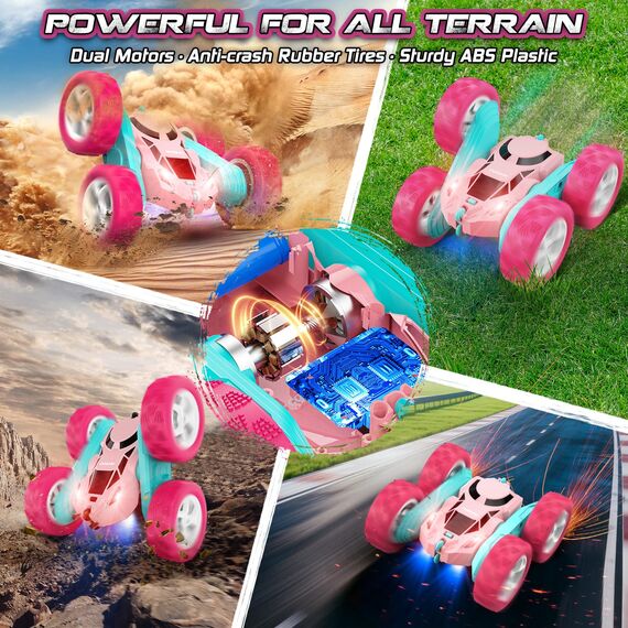 cosone Rosa Ferngesteuertes Auto für Mädchen RC Stunt-Car mit LED-Scheinwerfern 4WD 2.4GHz 360° Flip Crawler mit 2 Modulare Akkus Spielzeugauto für Kinder 6–12 Jahre