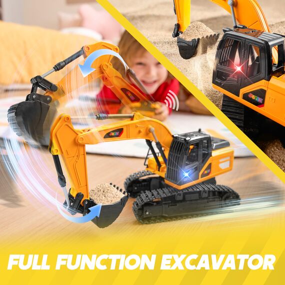 JOYIN Ferngesteuertes Bagger Spielzeug für ab 3 4 5 6 7 8 9 Jahren Junge, 2,4 GHz Bagger RC Spielzeugautos mit Licht und Sound, Geburtstags Geschenk