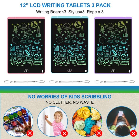 Electight Set mit 3 LCD-Zeichentabletts von 30,5 cm für Kinder, farbige Schreibtafeln, wiederverwendbare Zeichenmatten, vorschulisches Lernspielzeug, Geschenke für Jungen und Mädchen von 2, 3, 4