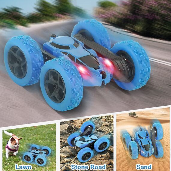 MidiVix Ferngesteuertes Auto, 90 Min Spielzeit, 2.4Ghz Doppelseitig 360° drehbare RC Stunt Crawler mit Scheinwerfern, 4WD Off Road Drift RC Auto Spielzeug Geschenke für Jungen 6-12 Blau