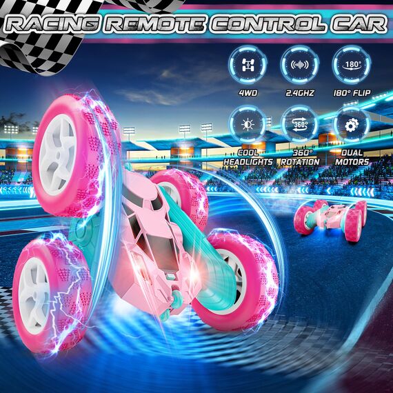 cosone Ferngesteuertes Auto für Mädchen, Allrad Offroad Stunt RC-Auto mit Scheinwerfern, Doppelseitiges 360° Drehbares Spielzeug, Geschenke für Kinder ab 6 Jahren (Rosa)