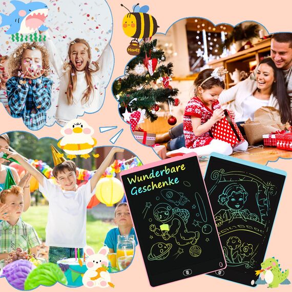 Bunte LCD Schreibtafel, 2 Pack 12 Zoll Schreibtablett für Kinder und Erwachsene, Löschbares Wiederverwendbar Zaubertafel Tragbares Augenschutz Zeichentafel für Reise, Hause, Schule - Blau Rosa
