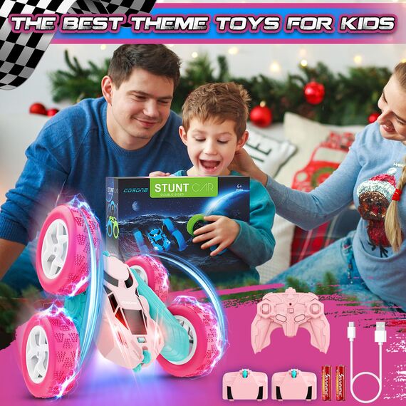 cosone Rosa Ferngesteuertes Auto für Mädchen RC Stunt-Car mit LED-Scheinwerfern 4WD 2.4GHz 360° Flip Crawler mit 2 Modulare Akkus Spielzeugauto für Kinder 6–12 Jahre