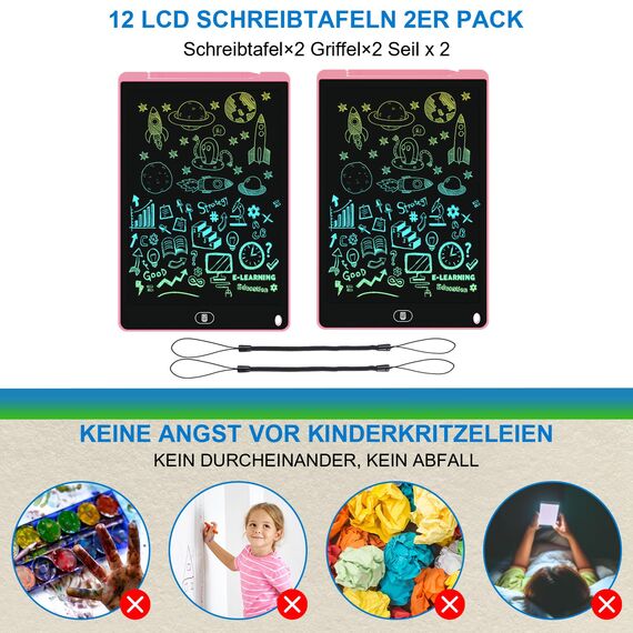 2 Pack Bunte LCD Schreibtafel 12 Zoll, Electight Zeichentafel, Abwischbar Abschließbar LCD Writing Tablet, Spielzeug & Geschenke für Kinder 3-12 Jahre zu Hause, Schule - Rosa