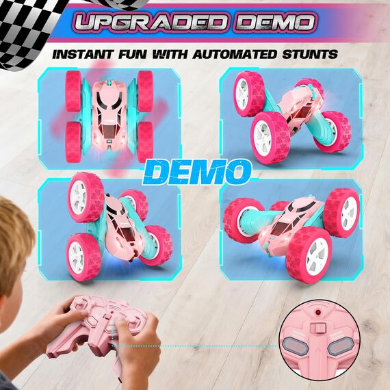 cosone Rosa Ferngesteuertes Auto für Mädchen RC Stunt-Car mit LED-Scheinwerfern 4WD 2.4GHz 360° Flip Crawler mit 2 Modulare Akkus Spielzeugauto für Kinder 6–12 Jahre
