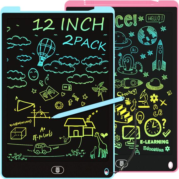 Bunte LCD Schreibtafel, 2 Pack 12 Zoll Schreibtablett für Kinder und Erwachsene, Löschbares Wiederverwendbar Zaubertafel Tragbares Augenschutz Zeichentafel für Reise, Hause, Schule - Blau Rosa