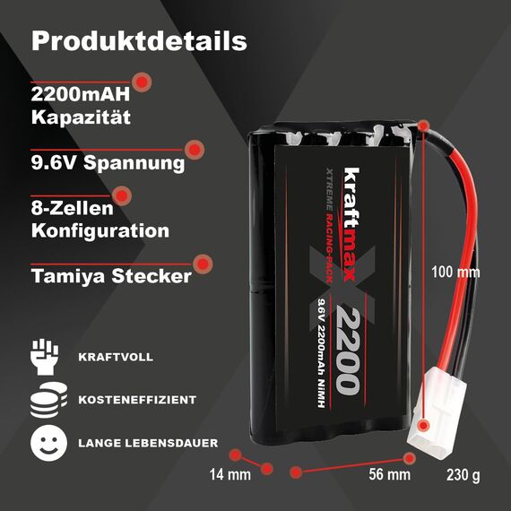 Kraftmax Akku Racing-Pack mit Tamiya Stecker - 9,6V / 2200mAh (min 2000 mAh) NiMH Akku/Hochleistungs RC Akkupack