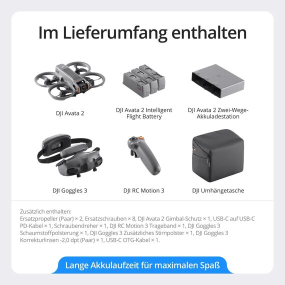 DJI Avata 2 Fly More Combo (3 Akkus), FPV-Drohne mit 4K-Kamera, 69 Minuten max. Flugzeit, Akrobatik auf Tastendruck, Kameradrohne mit Goggles 3 und RC Motion 3, mit Propellerschutz