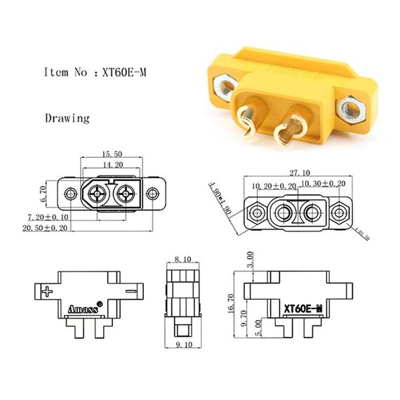 FLY RC 10 Stück Original XT60 XT60E XT60E-M Einbaustecker mit Innensechskantschrauben Montage Copter Drohne Lipo Akku
