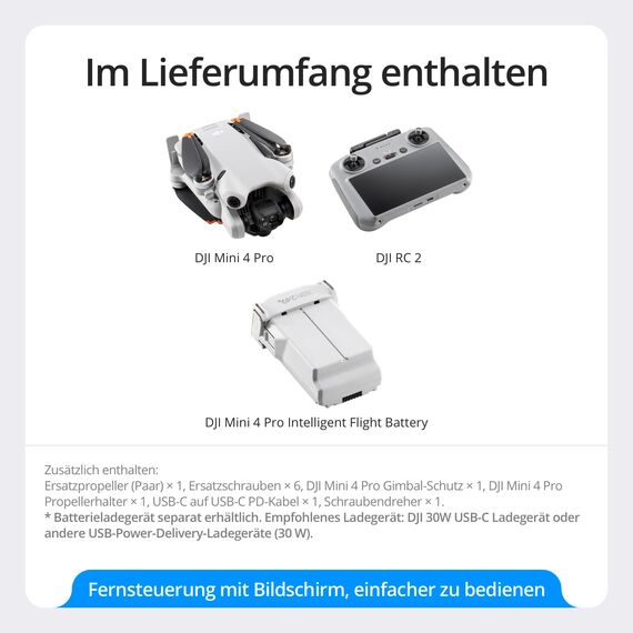 DJI Mini 4 Pro (DJI RC 2 Fernsteuerung), faltbare Mini-Drohne mit 4K-Kamera für Erwachsene, unter 249 g, 34 Minuten Flugzeit, 20 km Video-Übertragung, omnidirektionale Bilderkennung, Klasse-C0