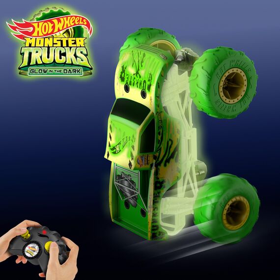 Hot Wheels Monster Trucks Gunkster RC Truck im Maßstab 1:15, leuchtet im Dunkeln, Action-Geländereifen mit Off-Road-Funktion, HTP15