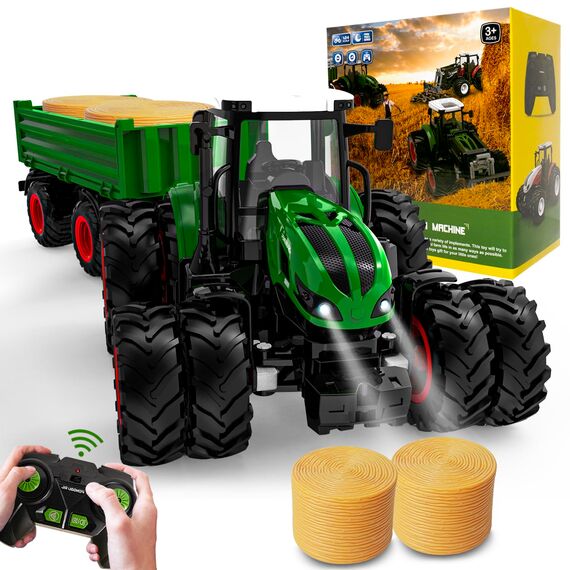 PENGBU RC Ferngesteuerter Traktor Ferngesteuert, Traktor Spielzeug ab 3 4 6 Jahre, Trecker Ferngesteuert mit Fernbedienung，Anhänger und Licht ab 3 4 6 Jahre, Weihnachten Geschenk für Kinder Jungen