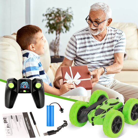 MidiVix Ferngesteuertes Auto, 90 Min Spielzeit, 2.4Ghz Doppelseitig 360° drehbare RC Stunt Crawler mit Scheinwerfern, 4WD Off Road Drift RC Auto Spielzeug Geschenke für Jungen 6-12 Grün