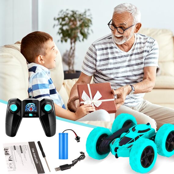 MidiVix Ferngesteuertes Auto, 90 Min Spielzeit, 2.4Ghz Doppelseitig 360° drehbare RC Stunt Crawler mit Scheinwerfern, 4WD Off Road Drift RC Auto Spielzeug Geschenke für Jungen 6-12 Hellblau